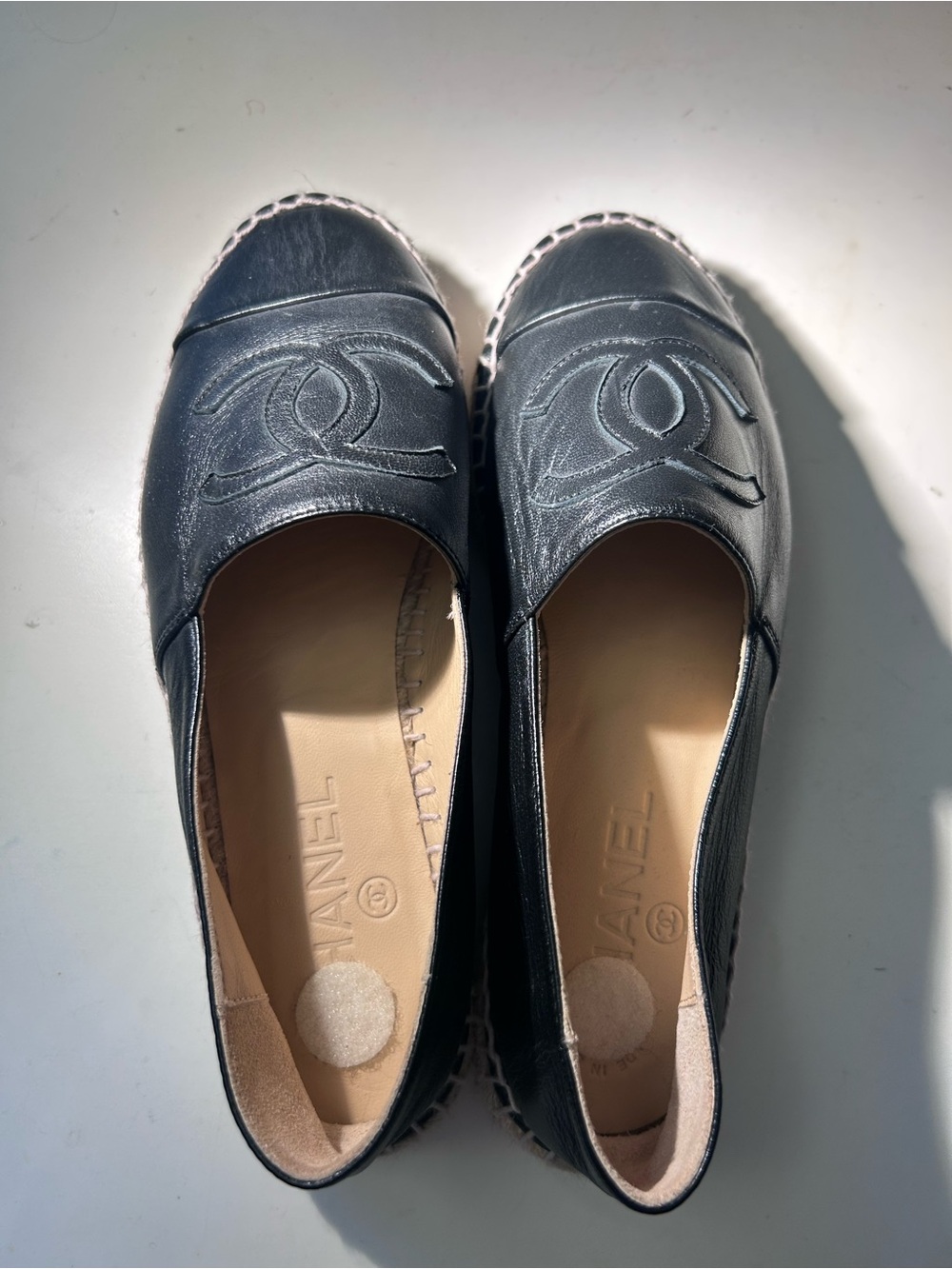 CHANEL Black Leather Logo Espadrille Slip-Ons - Picture 5 of 6